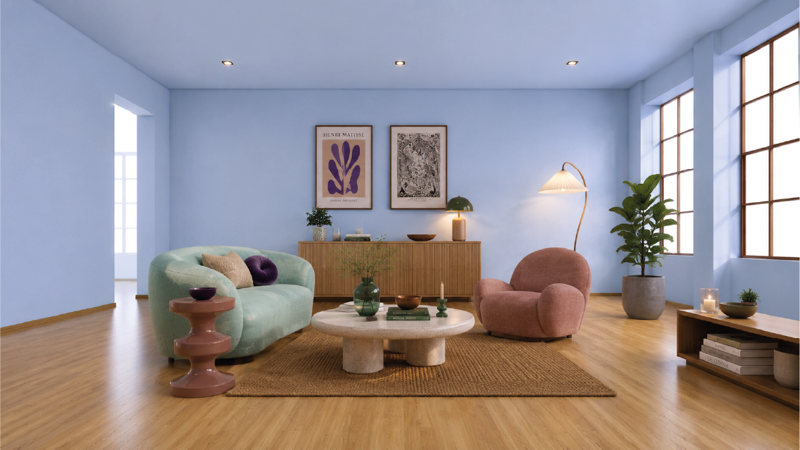Sala decorada con colores saturados