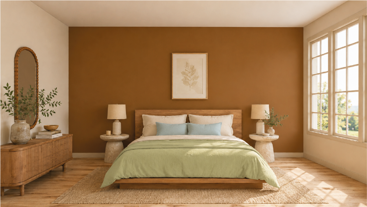 Recámara decorada con colores cálidos naturales